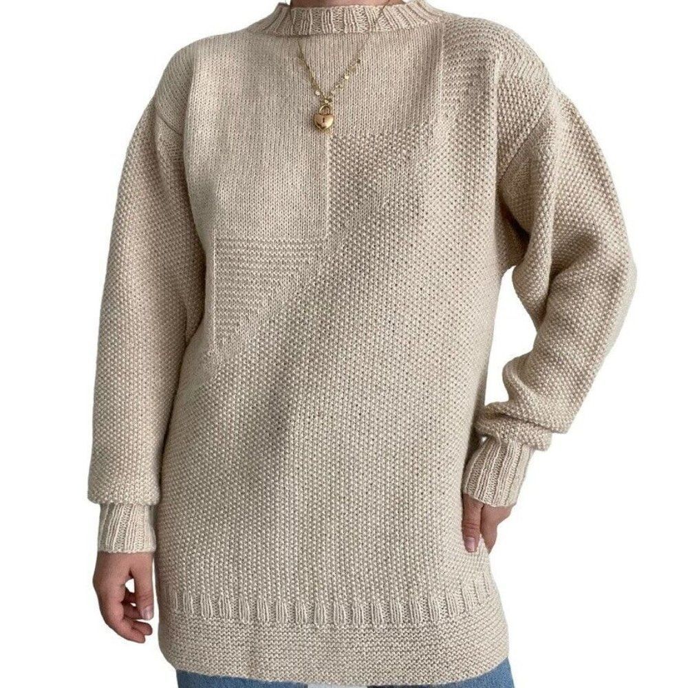 Vintage Womens Hand Knit Tan Beige Alpaca Oversized Soft Sweater Sz XL - Picture 8 of 8